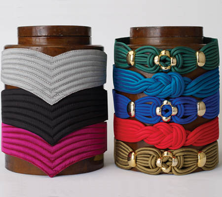 Our silk belts come in these 3 styles. V, with gold, and plain. All have velcro fasteners at the back and come in sizes S-XXL in most of most popular colours. 